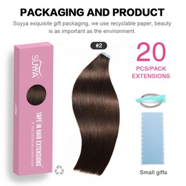 SUYYA Tape in Hair Extensions Human Hair 20 Pcs 50g Invisible Tape Hair Extensions Straight Seamless Skin Weft Tape Extensions Real Human Hair 24 Inches #2 Darkest Brown
