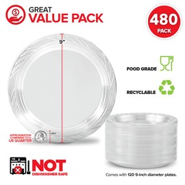 Stock Your Home 480-Count, 9 Inch Clear Plastic Plates, Flexible, Disposable Heavy Duty Party Dinner Plate, for Wedding Reception, Holiday Parties, Mains, Sides, Salad, and Dessert, Large Size