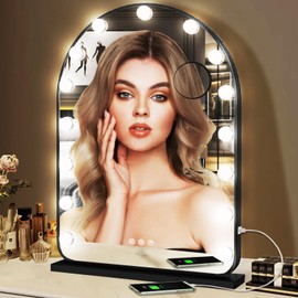 DIDIDADA Hollywood Arch Black Vanity Makeup Mirror with Lights 15 Bulbs Dimmable 3Color Black Lighted Vanity Mirror for TableTop Wall Detachable Base X10 Magnifying Arch Makeup Desk Mirror with Lights