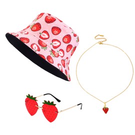 WanderGo 3 Stück Erdbeer Kostüm Set Erdbeer Fischerhut Anglerhut + Erdbeerbrille und Halskette mit Anhänger Apero Festival Fasching für Karneval Cosplay Kostüme Accessoires