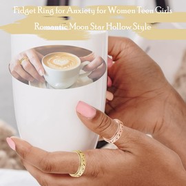 AmorArtSky Spinner Ring for Anxiety Relief Fidget: Anxiety Ring for Women Men, Titanium Stainless Steel Spinner Ring, 5 Colors, 6MM, Size 9, Fidget Ring, Moon Star, Hollow Outer-Gold