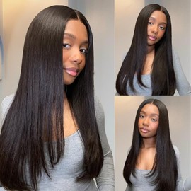 Nadula 13x4 Lace Front Human Hair Wig Glueless Straight Layered Wig with Drawstring, Pre-Plucked & Pre-Cut, Natural Black 16 Inch for Round & Square Face Shapes 150 Density