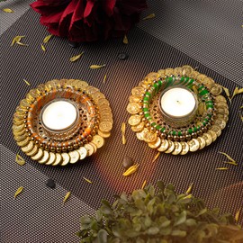 Handmade 2 pcs Tea Light Candle Holder Traditional Indian Decorative Lighting Accessories Centerpiece for Dining Table Office Home Festival Wedding Fuction and Gifting(Golden Set of 2)