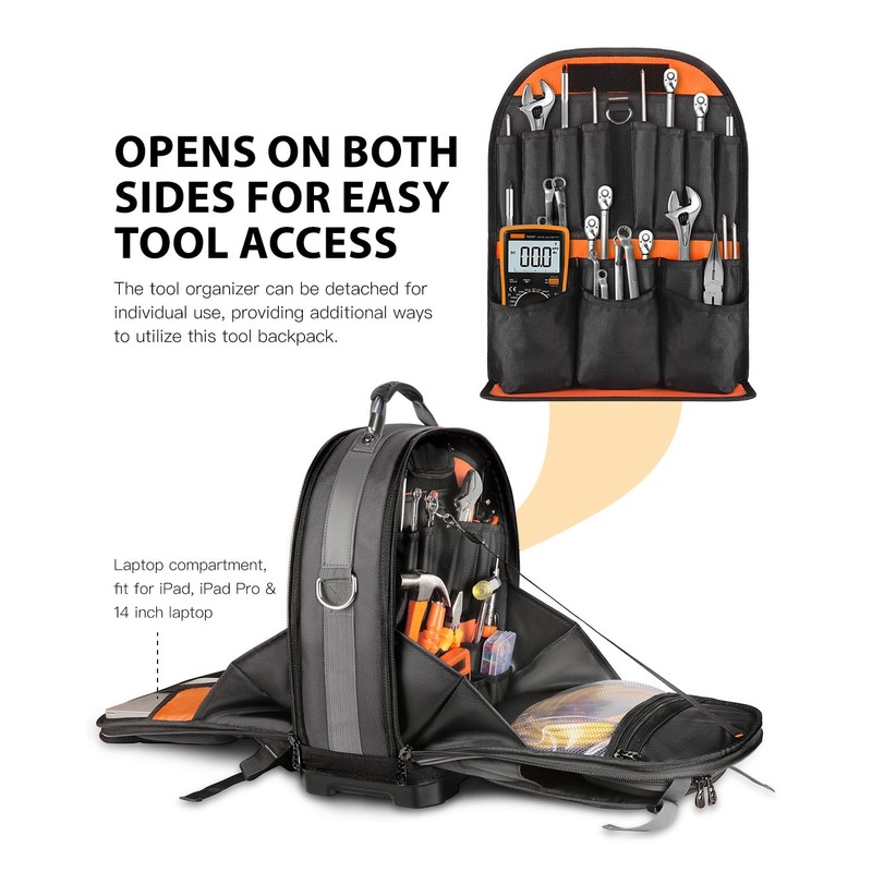 Tool Backpack with Laptop Compartment, Full-Open Tool Bag, Hvac Tool