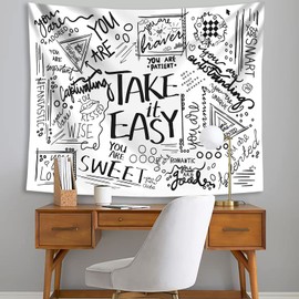 Fowocu Quote Take It Easy Tapestry Wall Hanging, Positive Letters Sayings White You Are Tapestries, Aesthetic Wall Tapestry for Bedroom Dorm Living Room (Black and White, 50'' × 60'')