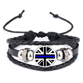 Thin Blue Line Military Black Leather Bracelet And Velvet Gift Bag