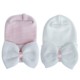 MASOCIO Newborn Baby Hats Girls 0-3 Months Infant Winter Cotton Bow Knitted Hospital Beanie Hat Caps White Pink Pack 2