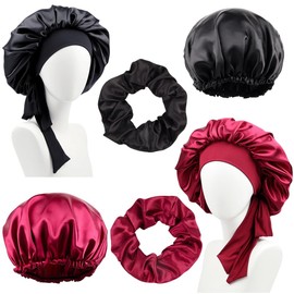 6 Stück Nachtmützen Mit Bändern,Satin Haarhaube,Premium Satin Haargummis,Doppelte Seidennachtmütze,Atmungsaktive,Verstellbare Schlafhaube Mit Gummiband Zur Befestigung Auf Dem Kopf