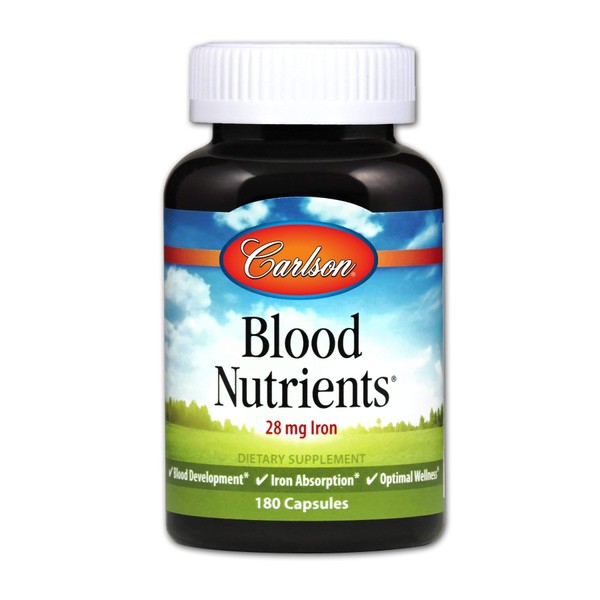 Carlson - Blood Nutrients, 28 mg Iron, Blood Development, Iron Absorption & Optimal Wellness, 180 Capsules