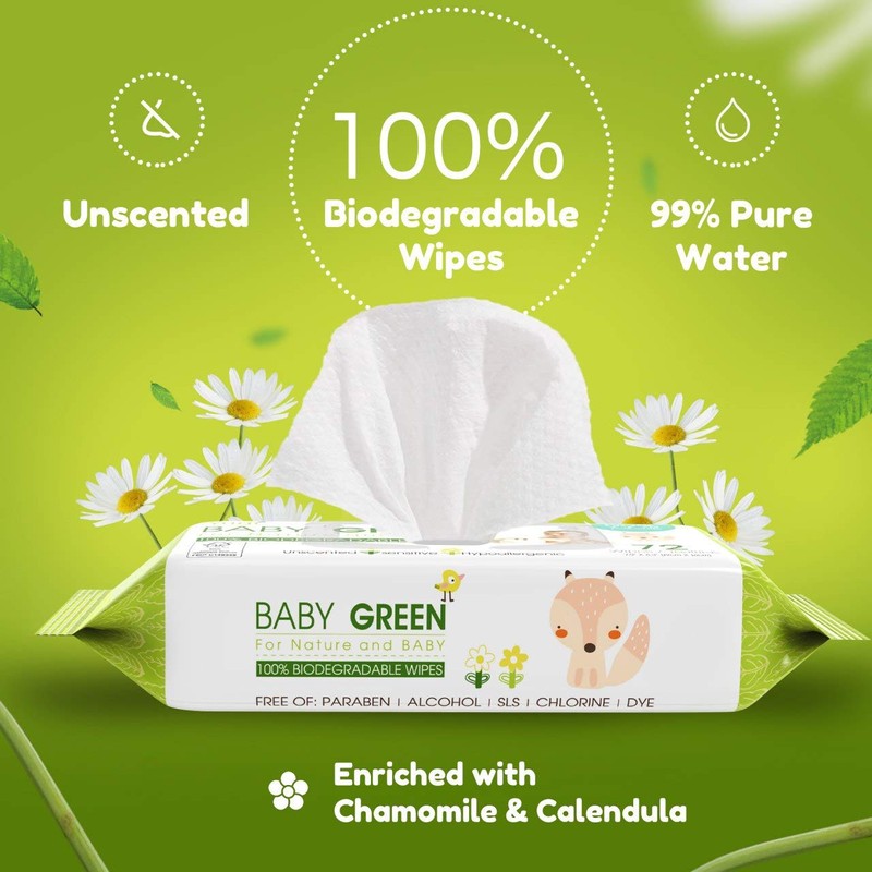 Yugi Green Baby Wipes – Unscented, Compostable, Biodegradable, Plant-Based, Fragrance-Free,