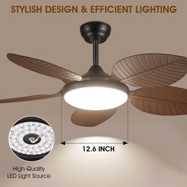 Wiviniya Ceiling Fans with Lights and Remote/APP Control, 48 Inch Tropical Ceiling Fan for Bedroom Living Room, Outdoor Palm Leaf Ceiling Fan for Patios Porch, Dimmable, 6 Speeds, Reversible, Brown