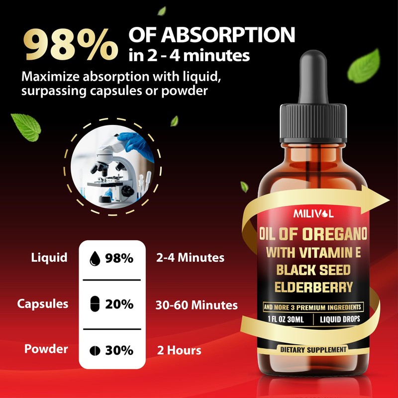 MILIVOL 7in1 Liquid Oregano Drops with Black Seed, Elderberry, Turmeric,
