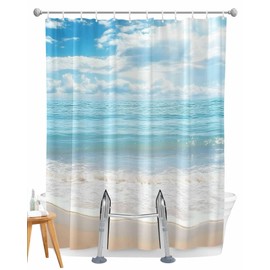 Forzzniciya Split Shower Curtain for Transfer Bench, Summer Beach Waterproof Shower Curtains Set with Hooks - 72 x 72 Inches, Ocean Waves Coastal Blue Bathroom Privacy Curtain Panel