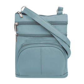 Roma Leathers' Cross Body Purse - Premium Light Blue Colored Cowhide Leather - Multi Zippered Pockets - Front Organizer Pocket With Credit Card Slots - Adjustable Shoulder Strap - Designed in U.S.A.