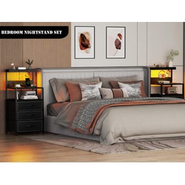 SZLHANJZ Night Stand Set 2 with LED Lights, Bedroom Nightstands with Power Outlet and Type C Port, Bed End Tables with 3 Fabric Drawers, Matching Bedside Tables with Hooks and Shelves, Black