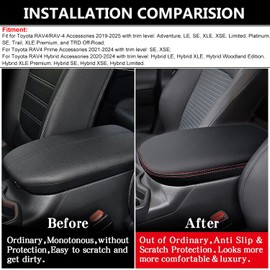Auprite Center Console Armrest Cover for Toyota RAV4 2019-2025, Auto Armrest Protector Organizer Pad for RAV4 Interior Accessories (Black with Red Stitches)