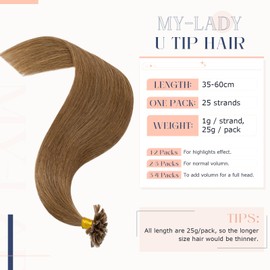 MY-LADY Real Hair Extensions Bondings 35 cm #06 Light Brown Keratin U-Tip Remy Real Hair Highlight Hair Extensions 25 Strands 0.8 g/s 20 g