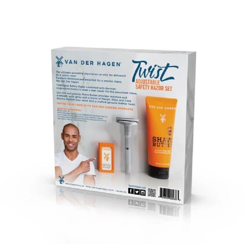 VAN DER HAGEN TWIST ADJUSTABLE SAFETY RAZOR 3-PC SET *DISTRESSED