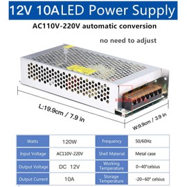 12V 10A DC Universal Regulated Switching Power Supply (SMPS) 120W AC 110V / 220V to DC 12V 10amp for CCTV, Radio, Computer Project, LED Strip Lights, 3D Printer
