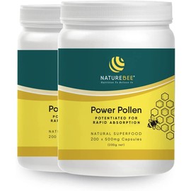 NatureBee Power Pollen 200 x 500mg Caps (Pack of 2) | Energy, Immune, and Cognitive Support | Potentiated Bee Pollen | Natural & Organic Superfood | 6 Month Supply