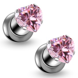 Ruifan Gauges For Ears ASTM F136 Titanium Heart Pink CZ Single Flare Tapers Screw Tunnel Gauges Earrings Ear Expander Stretching Kit Plugs Piercing For Women Men 10G Silver