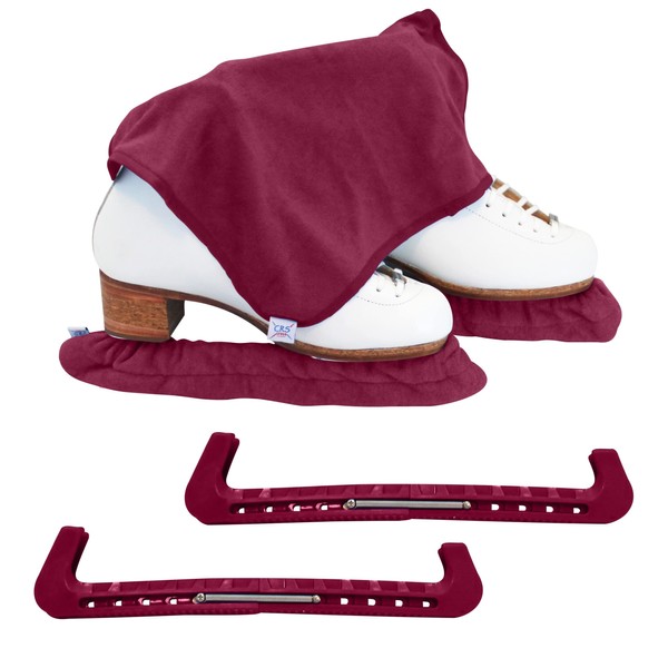 CRS Cross Skate Guards, Soakers and Towel Gift Set - Ice Skating Guards and Soft Skate Blade Covers for Figure Skating or Hockey (Ruby, Large)
