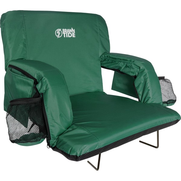 BRAWNTIDE Stadium Chair with Back Support - Comfy Cushion, Thick Padding, 2 Bleacher Hooks, 4 Pockets, Ideal Stadium Seat for Bleachers, Sporting Events, Camping, Concerts (Green, Regular Size)