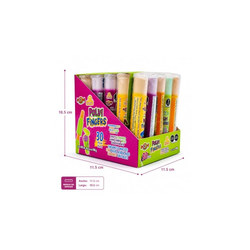 Polvi Fingers 30 piezas, Caramelo Macizo con Polvo Acidulado, Sabores