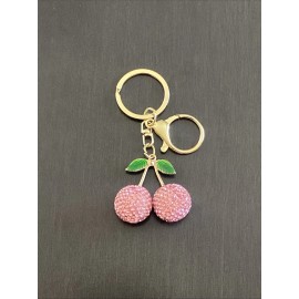 Fashion Cherry Pink Rhinestone Cherries Charm Pendant Car Purse Gold Keychain Keyring