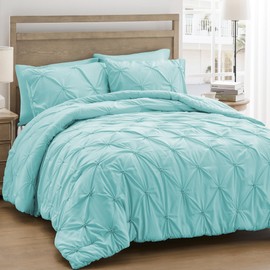 UNIKOME Queen Comforter Set Aqua Blue - Soft Fluffy Pintuck Down Alternative Bedding Set for All Seasons, 3 Pieces Pinch Pleat Solid Bed Set with Comforter, 2 Pillowcases