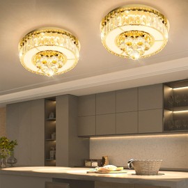 AFQEJG 11.8" Gold Modern Crystal Chandeliers for Dining Room LED Dimmable Light Fixtures Flush Mount Light Living Room Bedrooms