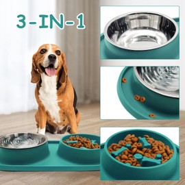 BNOSDM Slow Feeder Dog Bowls Double Puppy Slow Feeder No Spill Non-Skid Silicone Mat Dry Food Slow Eating Bowl Removable Stainless Steel Pet Bowls for Small Medium Dogs Cats Green