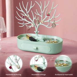 penobon Antler Jewellery Organiser Stand with Drawer, Plastic 3 in 1 Jewellery Holder for Earrings Necklaces Bracelets and Ring Green