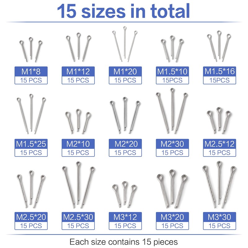 225 Pcs Stainless Steel Cotter Pin Assortment Kit, Cotter Pin