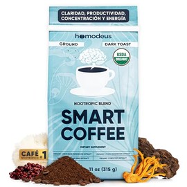 Homodeus Café Molido Orgánico Nootrópico con Hongos Adaptógenos, Melena de León, Cordyceps, Chaga y Uva Roja, Tueste Oscuro, USDA Organic, 30 Porciones, 315 g Smart Coffee