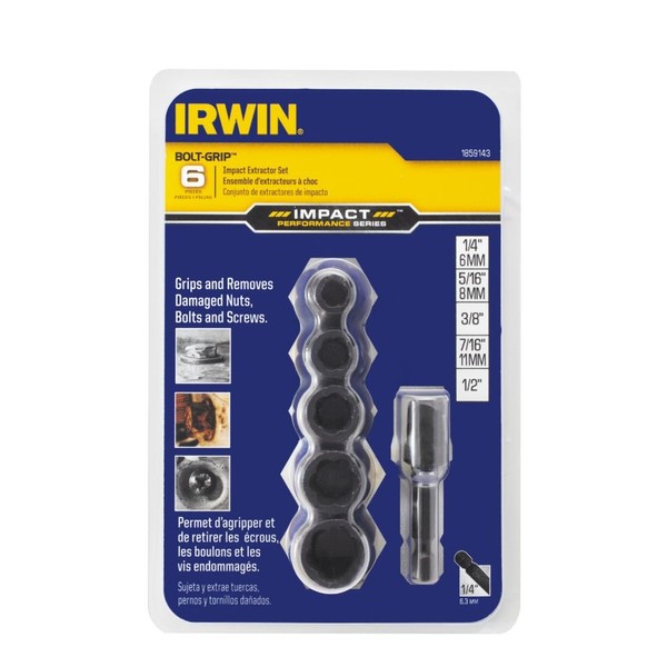 IRWIN Tools IMPACT Performance Series BOLT GRIP Deep Well Bolt Extractors, 3/8-inch Square Drive, 6-Piece Set with 1/4-inch Hex Drive to 3/8-inch Square Socket Adapter (1859143)