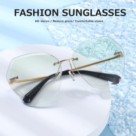 AEVOGUE Sunglasses For Women Oversized Rimless Diamond Cutting Lens Sun Glasses AE0534 (Gold&Green)