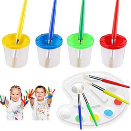 DIYASY 4pcs Paint Brushes and 4pcs No Spill Paint Cups with Lids for Children Beginners Kidï¼A Free Paint Palette)