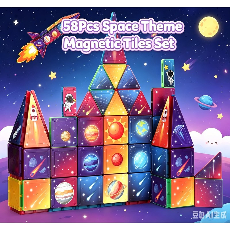 Space Rocket Magnetic Tiles Set, 58Pcs Magnatiles for Kids, Magnet