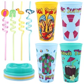 4Pcs Beach Party Drinking Cups with Reusable Tropical Fancy Straws, 16Oz Plastic Cold Cups with Lid and Straw Tumblers Set for Hawaiian Luau Party Pool Summer Birthday Party Favor Pool Gatherings