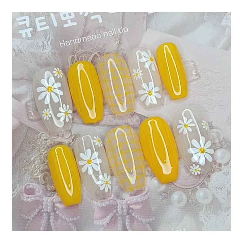 Yellow flower handmade nail tips - lipstick / 옐로우 플라워