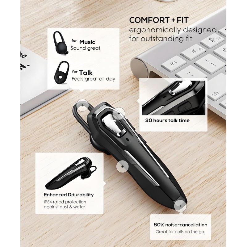 BEVCEFCC Bluetooth Earpiece Handsfree 30Hrs Talking Time Wireless Headset Bluetooth