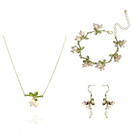 Lily of the Valley Flower Necklace Earrings Gold Plated Charm Fairy White Lily Bell Freshwater Pearl Flowers Enamel Green Leaves Tassel Jewerly Set for Women Wedding Bridal Spring Holiday Jewelry Gifts (3pcs jewelry set)