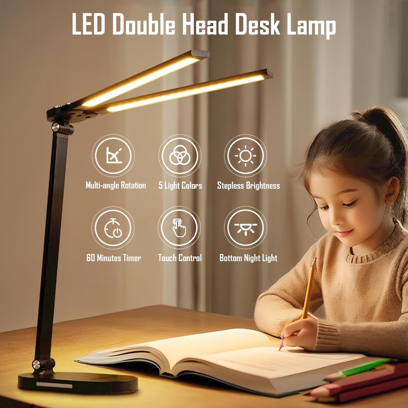 kvppvt LED Double Head Desk Lamp with Night Light, 5