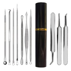 Pickel Ausdrücken Werkzeug Set,10 Stücke Mitesser Entferner,Mitesser Pinzette für Nasen & Gesicht,Geeignet für Akne im Gesicht und Mitesser auf der Nase,Inkl.Aufbewahrungsbox(Edelstahl,Schwarz)