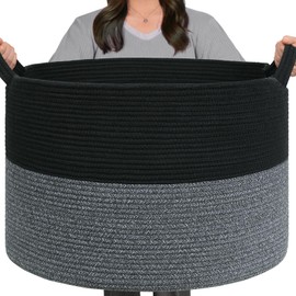 TIMEYARD Extra Large Laundry Basket, 21.7'' x 13.8'' Basket for Blankets Living Room Toy Storage Baskets, Decorative Baskets for Dirty Clothes Pillows Towel, 90L Black & Grey