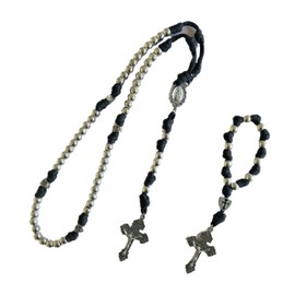 BJ BshuxiuJ Handcrafted Large Paracord Rosary Necklace for Men, Heavy Stainless Steel Beads, Rugged & Durable One Decade Catholic Rosary, Includes Miraculous Metal Box & Prayer Card (Black and White)