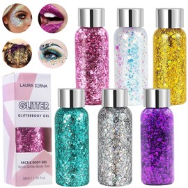 NEWJEK 6 Bottles Glitter Face, Body Glitter Gel, Hair Glitter Crafts, Face Glitter Make-Up Long-Lasting Sparkling for Festival Party (Gold, Silver, White, Pink, Green, Purple)