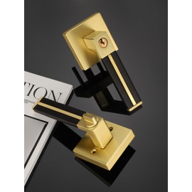 EHOMEWARE Interior Door Handle in Satin Brass Finish, 3 Pack Gold Door Knobs with Single Deadbolt, Black Leather Door Lever, Heavy Duty Door Handles with Key, Left/Right Reversible