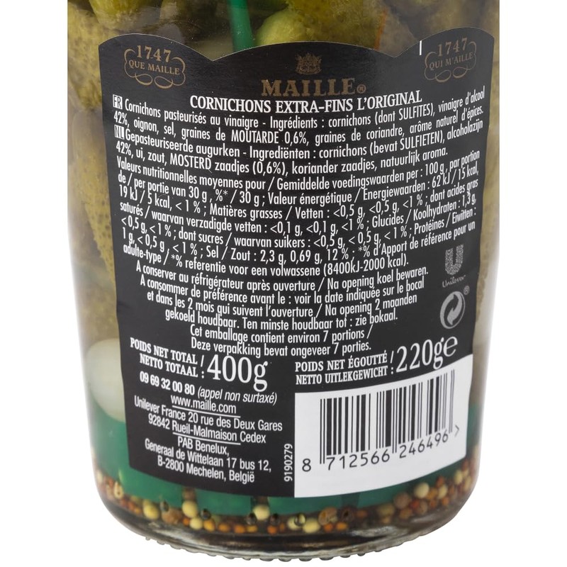 French Extra Fine Gherkins Maille-Cornichons Extra Fins - 220 gr